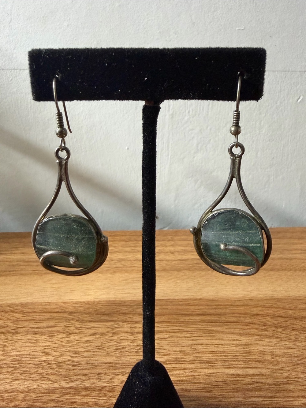 Vintage Sterling-Style Green Stone Drop Earrings